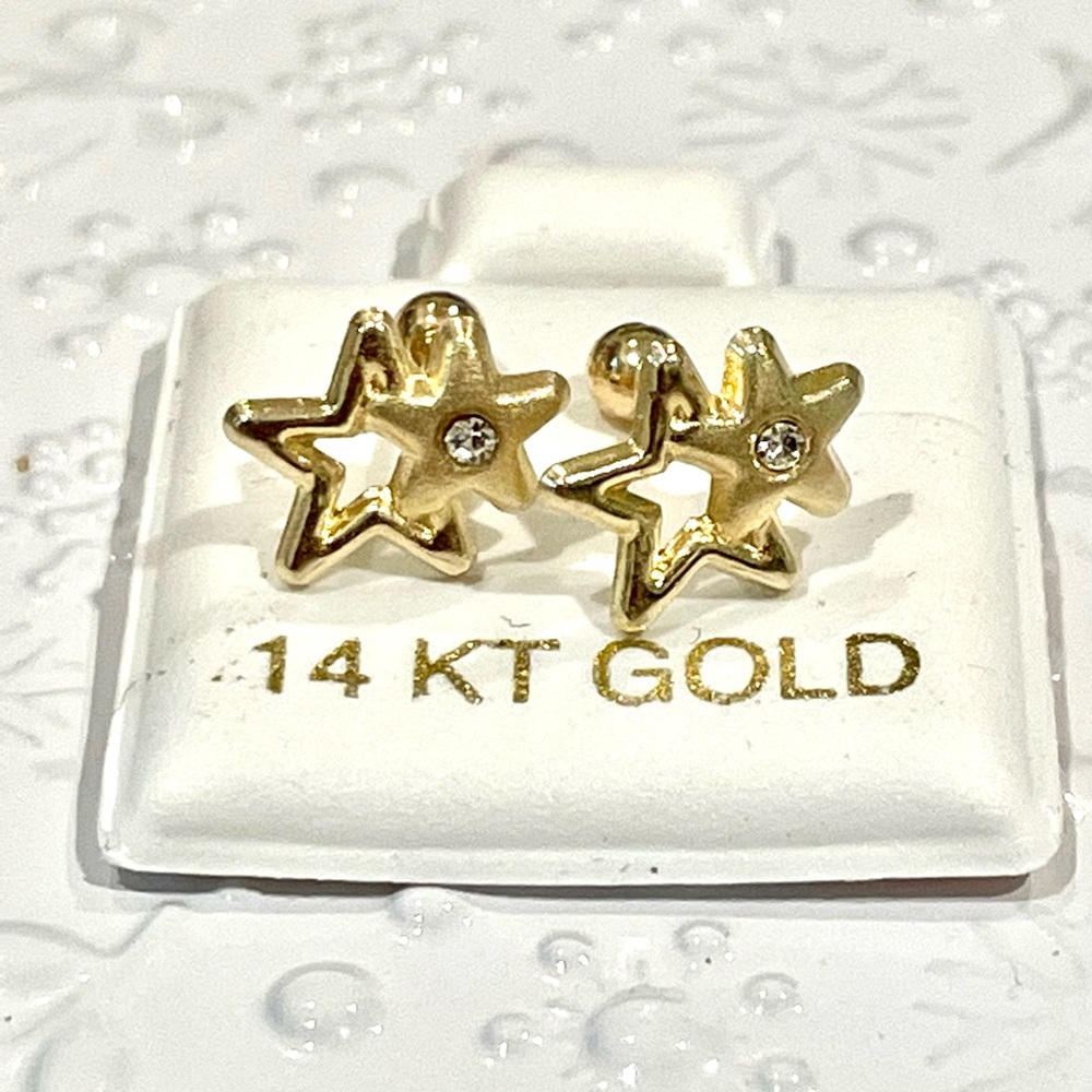 Solid Yellow Gold 14 Karat Double Star  Cz  Stud 7x8mm Earring